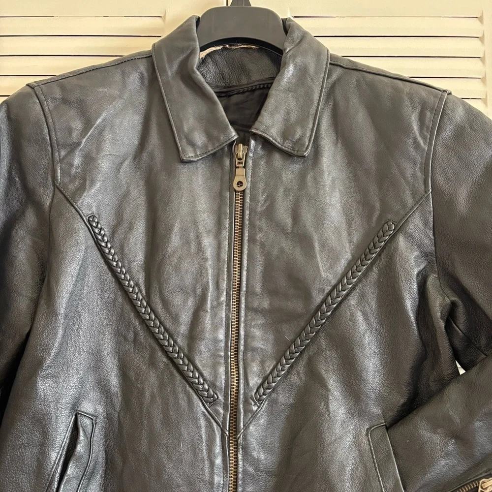Vintage Leather Jacket Biker Black Braided Motorcycle Women’s Size M Crop Corset